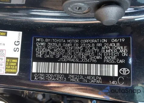 2020 Toyota Corolla Le z USA, uszkodzony, nr VIN JTDEPRAE6LJ034796